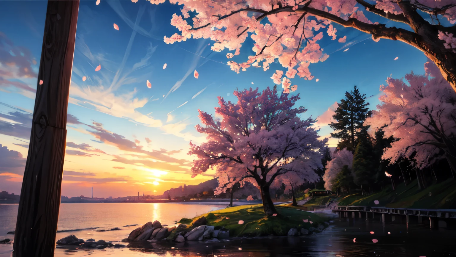 (photorealistic:1.2), vibrant fantasy landscape, cherry blossom petals falling, warm and inviting sunset, smooth shading and textures,