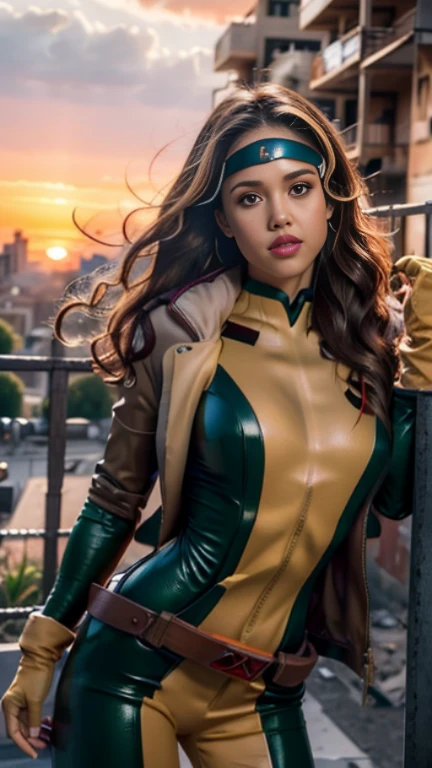jessica alba、Wet、Full body view, Long Hair, brown hair, Green Eyes, lipstick, compensate, lips,Emphasize cleavage、 sexy、White stripes in hair, like, Wavy Hair, Messy Hair, Curly Hair, middle～Large breasts, Surface Plot, ((Kelli Berglund:Bailee Madison:0.5)), 黄colorのスーツ, Jacket, gloves, belt, gloves amarillos, Green Suit, (Bodysuits:1.4), Traje multicolor, (Superhero:1.4), tight skin, Ropa multicolor, Garden and wisteria background, Official Art, extremely detailed CG 8k wallpaper, Perfect lighting, De color, bright_amount_method_Light, piel bright, (masterpiece:1.0), (Better_quality:1.0), Ultra-high resolution, 4k , Super detailed, Director of Photography, 8k, HDR, Altas ResoLightones, (Disorganized:1.2), Kodak Portrait 400, Film Grain, blurred background, (Bokeh:1.2), Lens flare, (Vibrant_color:1.2), Professional photography, (beautiful_method:1.5),More detailed 8K.Unreal Engine:1.4,Hmm,La Better calidad:1.4, Realistic:1.4, skin temperature:1.4, masterpiece:1.8,masterpiece, Better calidad,Object Object], (Detailed facial features:1.3),(Antesedentes apocalyptic destroyed city:1.4), (Apocalyptic Sunset:1.4)