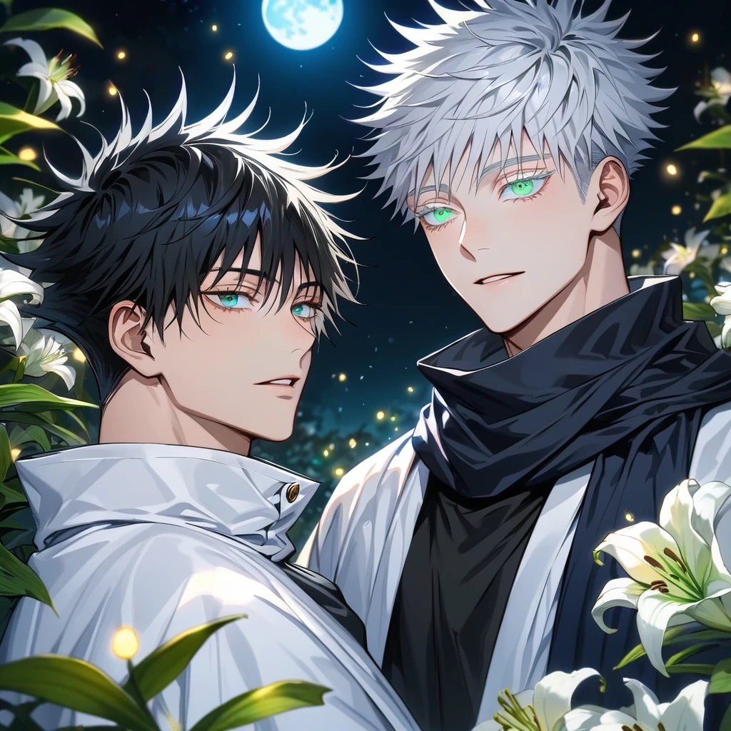 Ultra detailed, highres, absurdres, HDR, Fushiguro Megumi, black hair, green eyes, Gojou Satoru, white hair with bangs, blue eyes, white eyelashes, Jujutsu Kaisen, lilies flowers, petals, fireflies, moon, 2 men together, gay couple, handsome, very detailed face and eyes, black scarf, white haori,