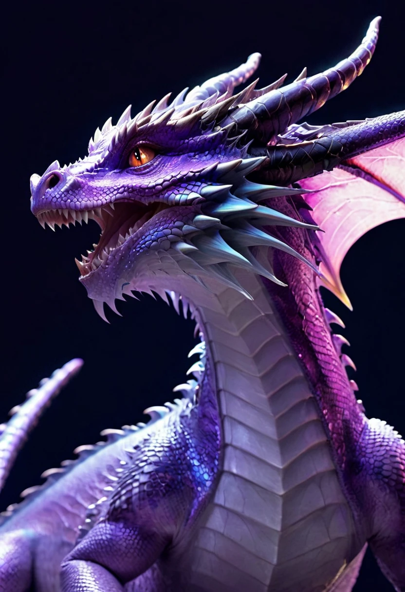 Dragons body, covered in scars, purpled lightening, left eye scared closed, scales shimmer under a full moon