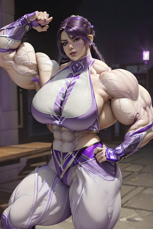 ((((Massive, beautiful, buff, pale white skinned muscular woman with violet purple hair, ginormous bulky muscles and wearing a violet purple power ranger suit with power ranger pants)))), close view, (massive muscle), (massive biceps), (long hair with long bangs), black eyes, hero gloves, spiked gauntlets, high heels boots, city, at night, confident smile