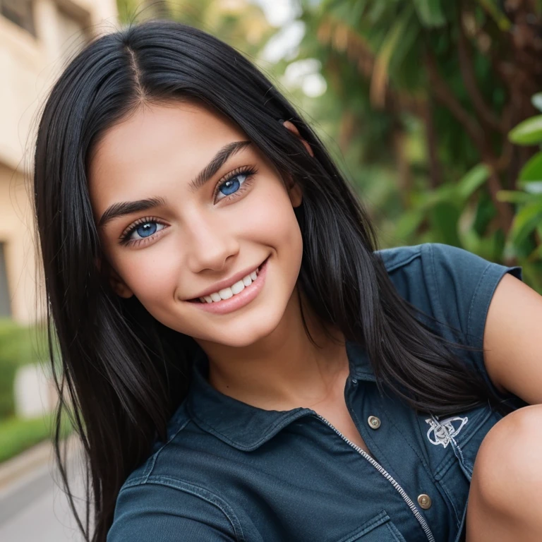girl, beautiful, teenager, black hair, blue eyes, blue eyes, black cargo pants , Isis Valverde's face, Full body,beautiful smile,