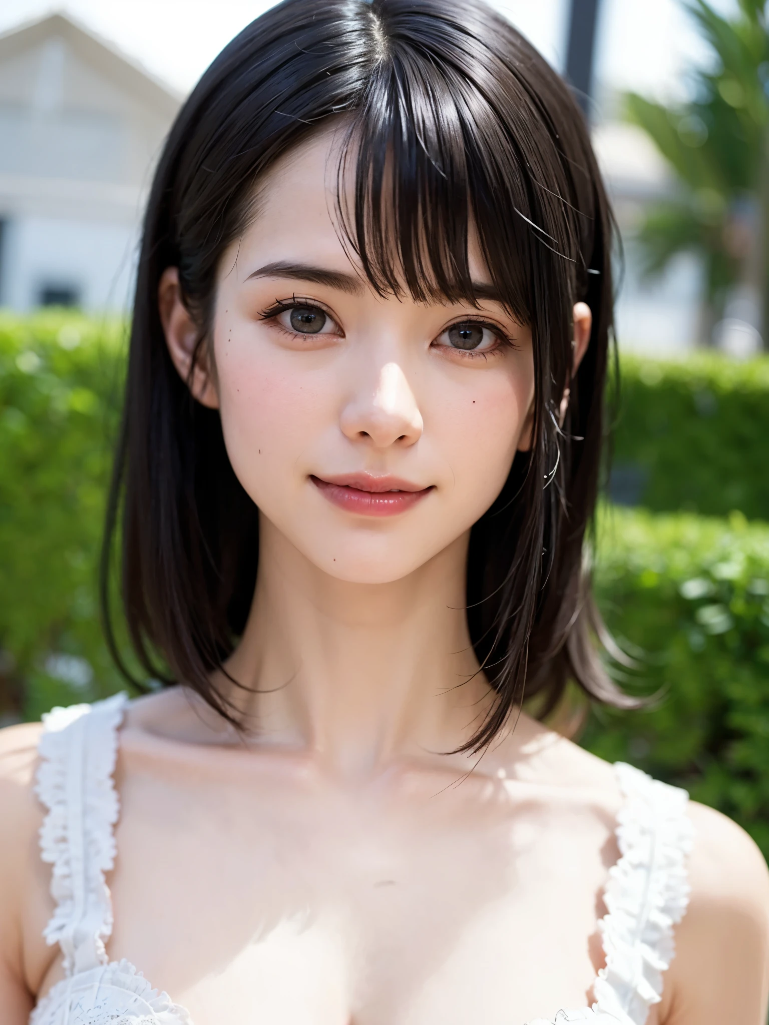 1 girl、highest quality、Realistic、alone、Written boundary depth、Natural soft light、Daytime、charm、Beautiful Face、Cleanliness、Pure Face、White skin、cute、short hair、bright hazel eyes:1.9、Beautiful Lips、bangs:1.6、Beach、Light of the sun、Nedium Breast Body Esbian、((黄金比のBeautiful Face、 対称性のあるBeautiful Face))、Long neck、show me your ears、Stick out your ears。bangsのあるきれいな短いボブヘア、smile with your mouth closed、Perfect hands指、Perfect hands、Perfect body、Perfect Face、Shine a light into your eyes、Perfect Anatomy:1.6、とてもcuteスーパーモデル:1.6、{Huge|big|Hugeな|Mega} chest, chestの谷間、smile:1.6、Very beautiful teeth:1.6