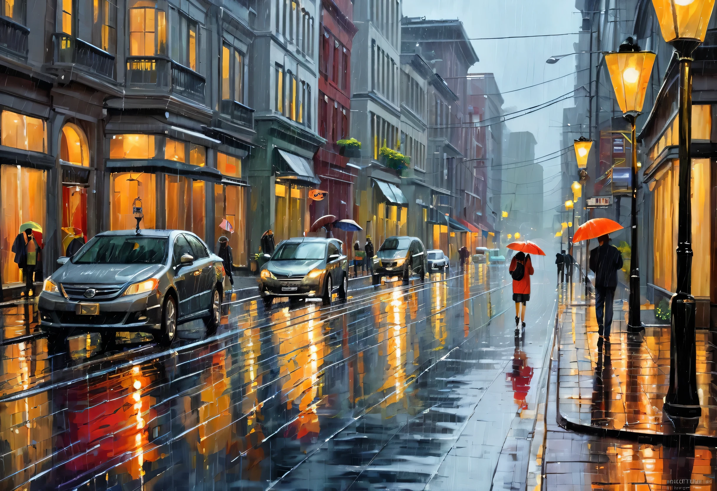 painting of a city street with a couple walking down the street, rainy street, rainy evening, rainy afternoon, in the rain in the early evening, rainy scene, wandering in the city, rainy urban streets, after the rain, rainy streets in the background, detailed street, on a rainy day, in city street, at a city street, in the city, wet street