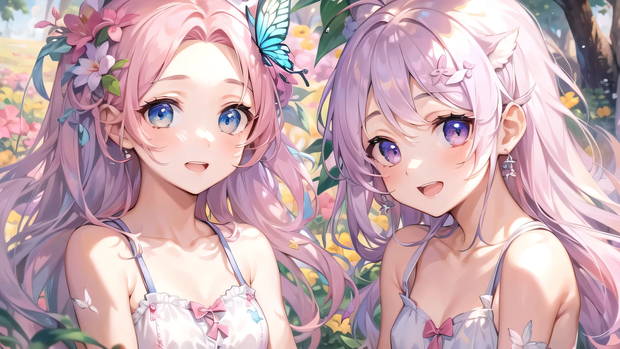 Two pure and innocent girls,16 years old、2 people(One with pink hair、1 Name Light Blue Hair)、Cute face、Beautiful Eyes、topless、Nipples、Natural beauty、Warm sunshine、Wildflowers swaying in the breeze々Surrounded by、Enjoying time in the fields。Butterflies and birds fly around her、Creates a playful atmosphere。