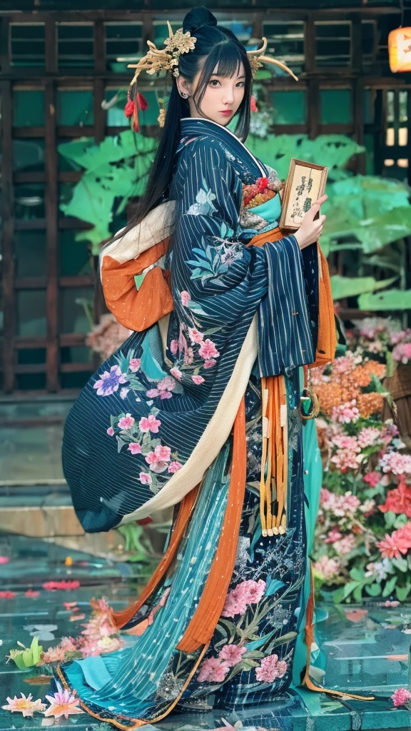 Japanese traditional dress, Katsushika Hokusai Style, (cyberpunk) (neon)