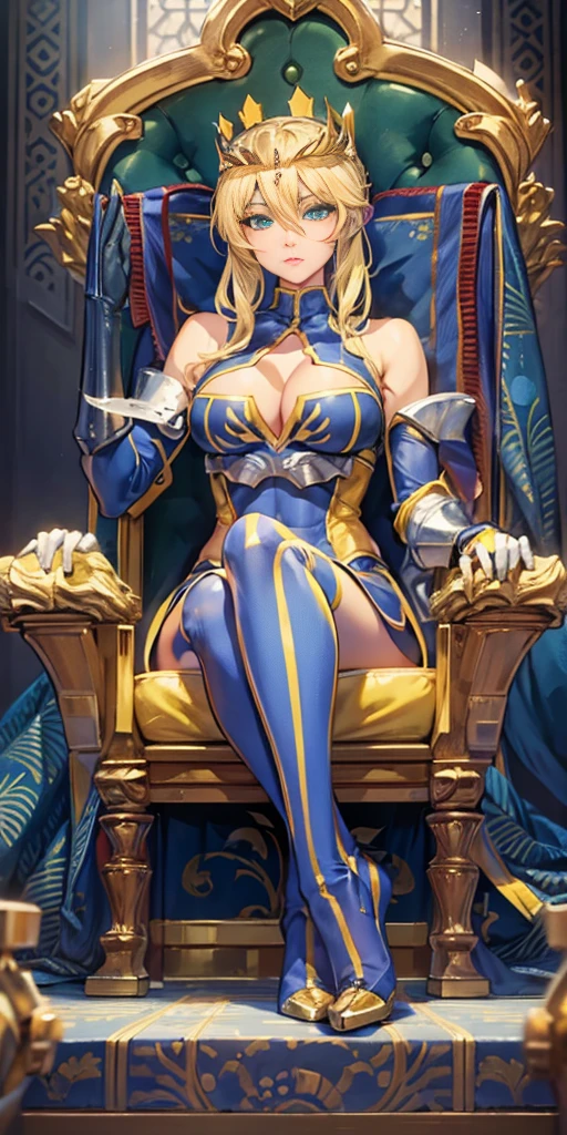 Lancer Artoria, elegant adult female, blonde, green eyes, (yellow eyelashes), crown, turtleneck, cleavage cutout, sleeveless, blue leotard, elbow gloves, gauntlets, blue thigh, elegantly (sit on throne), throne room, close-up protrait, high resolution, extremely detail 8k cg, yellow bikini (yellow tiger stripes)