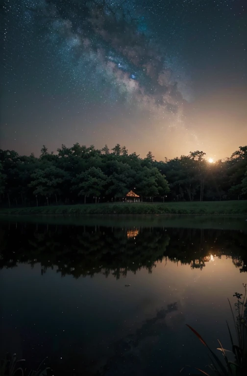 paisagem, Summer, noite, floresta, bonfire in one place, unmanned, nobody, starry sky, Detalhe HD, ultra detalhe, film, Hiper Realismo, luz suave, bokeh de foco profundo, Rastreamento de raio, Hiper Realismo. , pixiv Gwise art station, makoto shinkai, Arte Germe