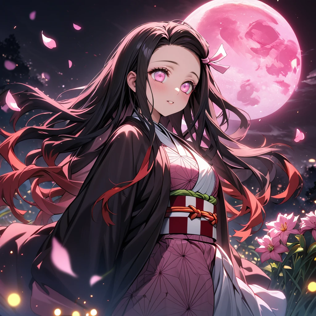 absurdres, highres, ultra detailed, HDR, master piece, best quality, Kamado Nezuko, expressive pink eyes, Kimetsu No Yaiba, 1woman, extremely beautiful, pink petals, pink lilies, pink moon, fireflies
