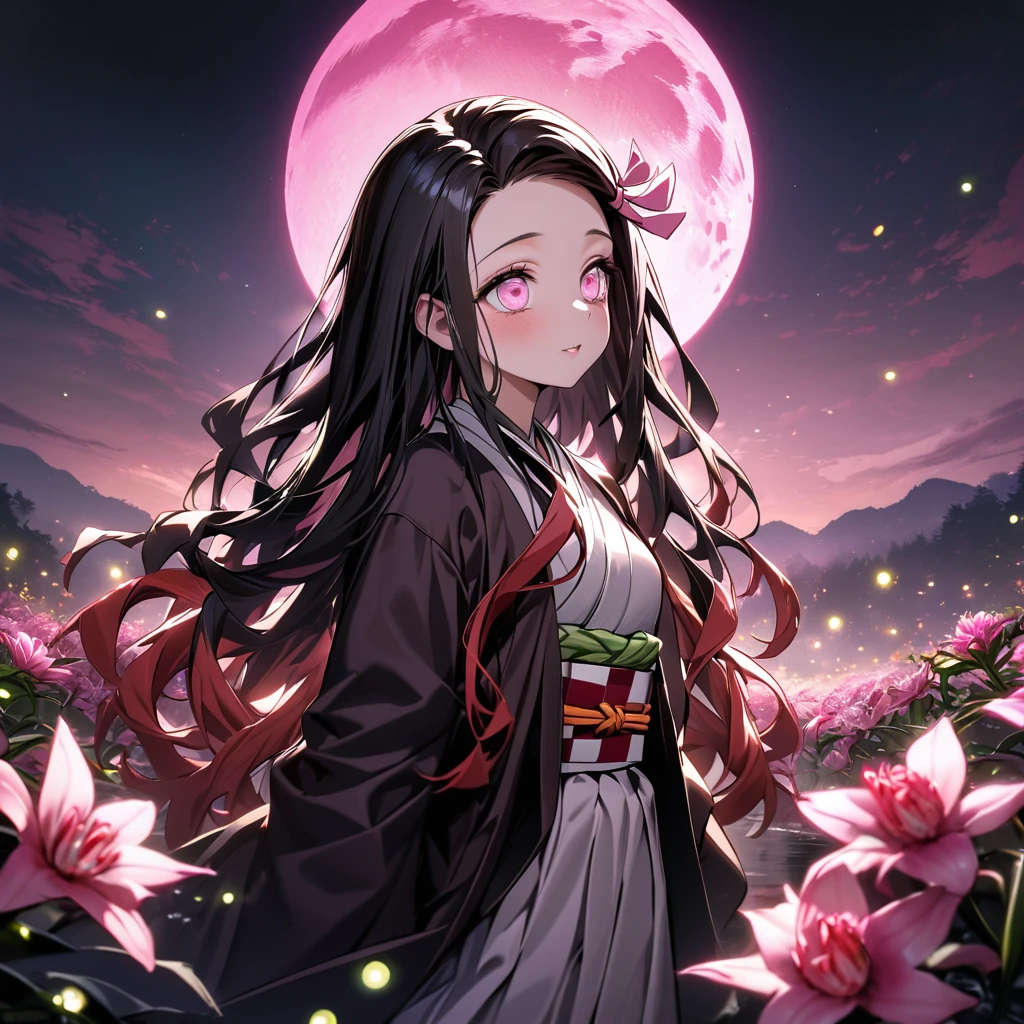 absurdres, highres, ultra detailed, HDR, master piece, best quality, Kamado Nezuko, expressive pink eyes, Kimetsu No Yaiba, 1woman, extremely beautiful, pink petals, pink lilies, pink moon, fireflies