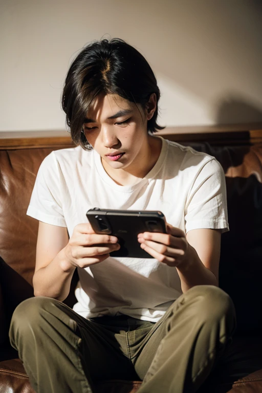 A boy,Playing games on the sofa