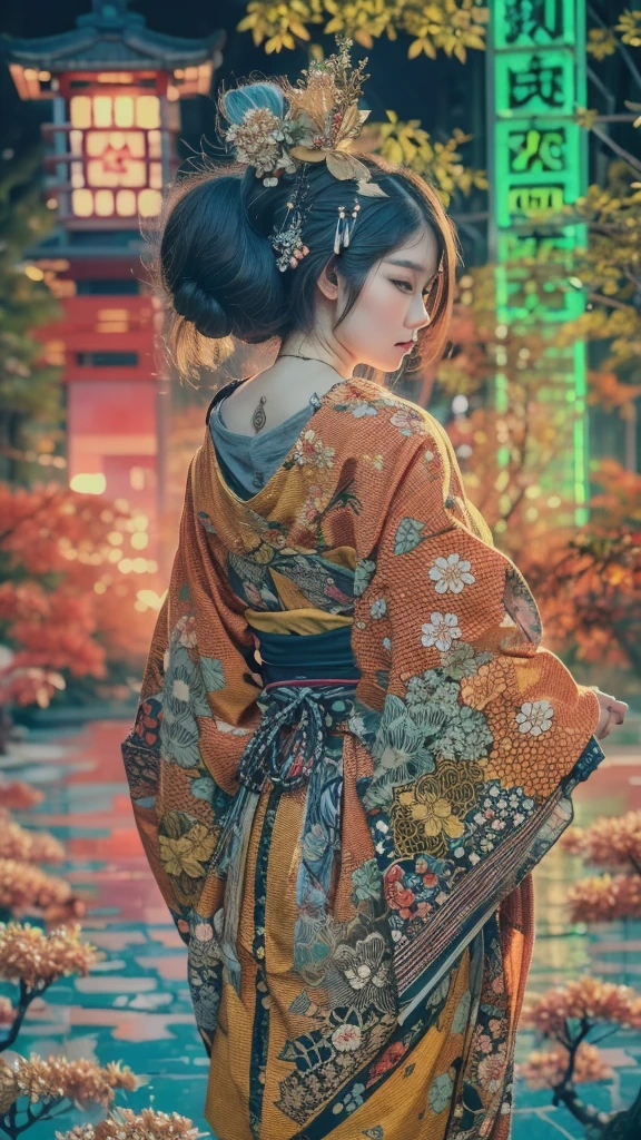 Japanese traditional dress, Katsushika Hokusai Style, (cyberpunk) (neon)