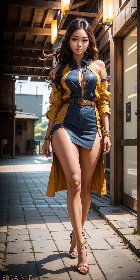 Indonesian woman outdoors, brown skin, solo, long_hair, shirt, dress, high_heels, (thicc:0.8), full_body, look_at_viewer, (8k, RAW photo, best quality, mastery:1.2), (realistic, photo-realistic:1.37), professional lighting, photon mapping, light energy transfer, physically based rendering,