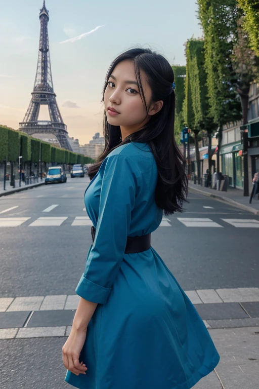 a beautiful japanese girl.masterpiece.Ultra-high resolution.8K.perfect anatomy.black hair.star eyes.Wearing aqua blue dress.On the streets of Paris, France with the Eiffel Tower not far away as the background.Photograph.