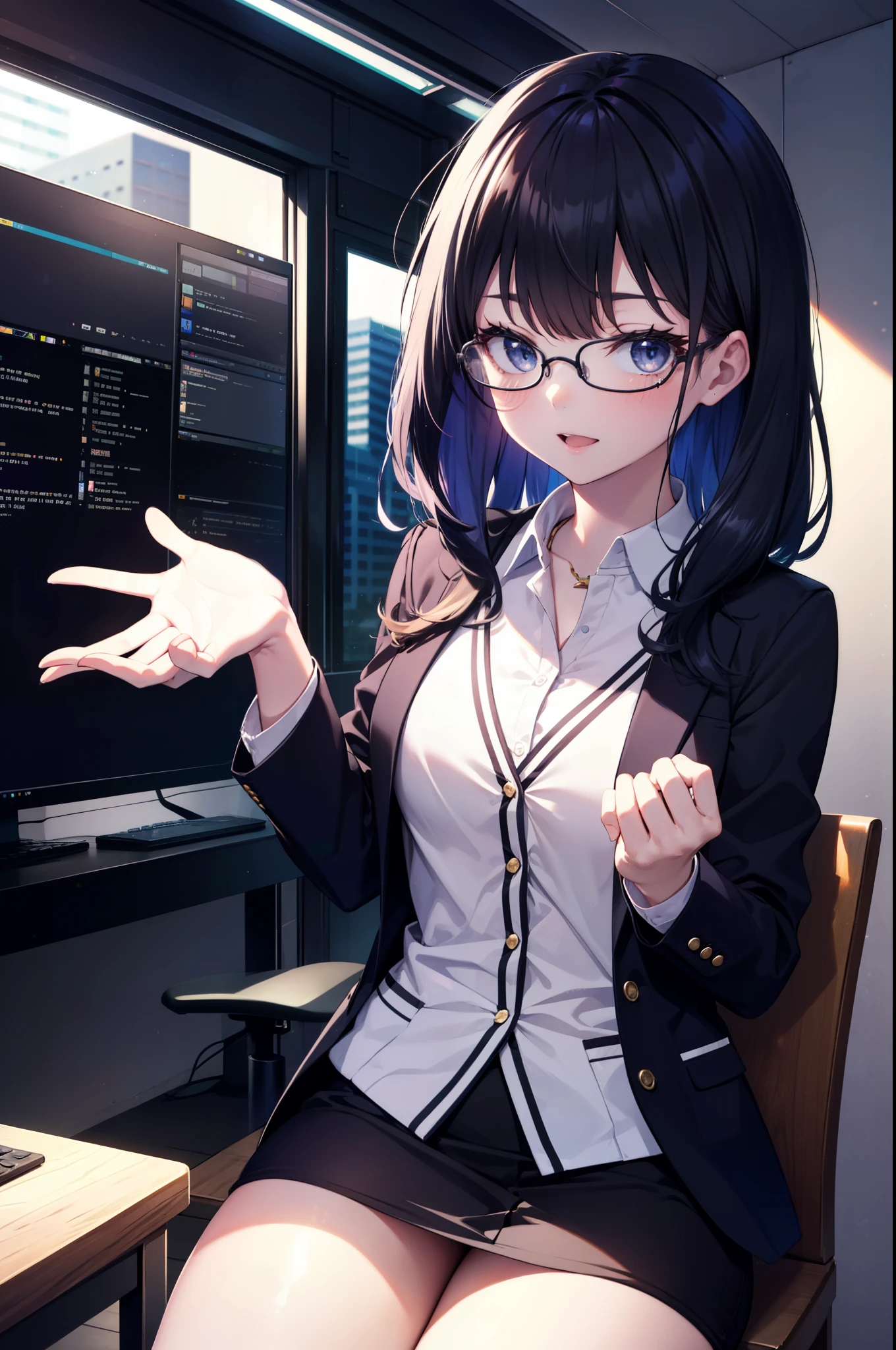 Six flowers, rikka takarada, Black Hair, blue eyes, Long Hair, happy smile, smile, Open your mouth,orange Scrunchie, Scrunchie, wrist Scrunchie,OL, akagi glasses,  black suit jacket, Collared jacket, White dress shirt, Collared shirt, Neckline, button, Black pencil skirt, Black Pantyhose,Stiletto heels,the sun is rising,sitting cross-legged on a chair,interior,There is a computer on the table,touch typing,As if your whole body is in the illustration,
break outdoors,city,construction area,シティストリート
break looking at viewer, (Cowboy Shot:1.5),
break (masterpiece:1.2), highest quality, High resolution, unity 8k wallpaper, (shape:0.8), (Beautiful details:1.6), Highly detailed face, Perfect lighting, Extremely detailed CG, (Perfect hands, Perfect Anatomy),