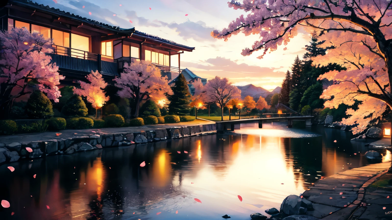 (photorealistic:1.2), vibrant fantasy landscape, cherry blossom petals falling, warm and inviting sunset, smooth shading and textures, 


