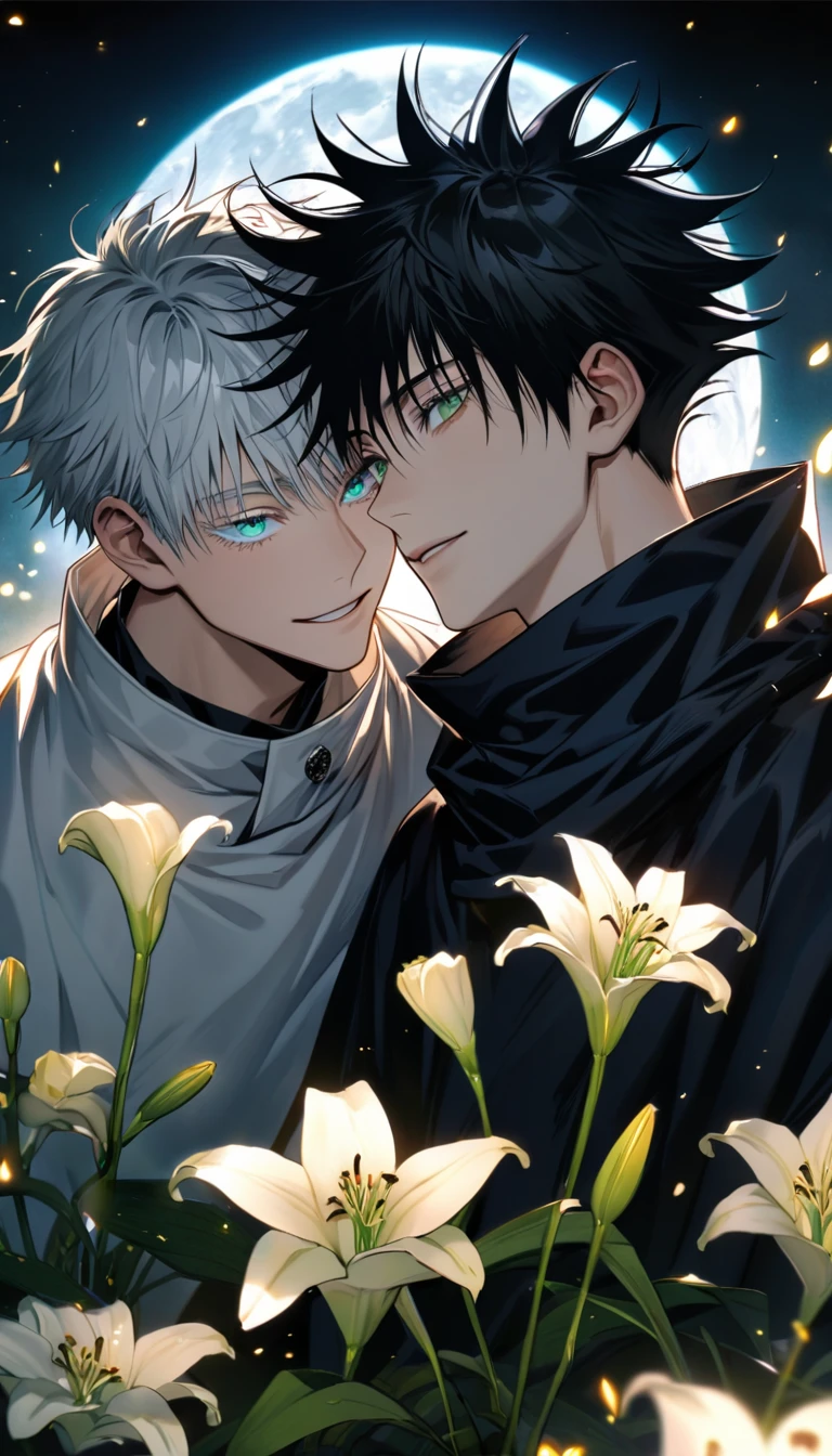 Ultra detailed, highres, absurdres, HDR, Fushiguro Megumi, black hair, green eyes, Gojou Satoru, white hair with bangs, blue eyes, white eyelashes, Jujutsu Kaisen, lilies flowers, petals, fireflies, moon, 2 men together, gay couple, handsome, very detailed face and eyes, black scarf, white haori, happy