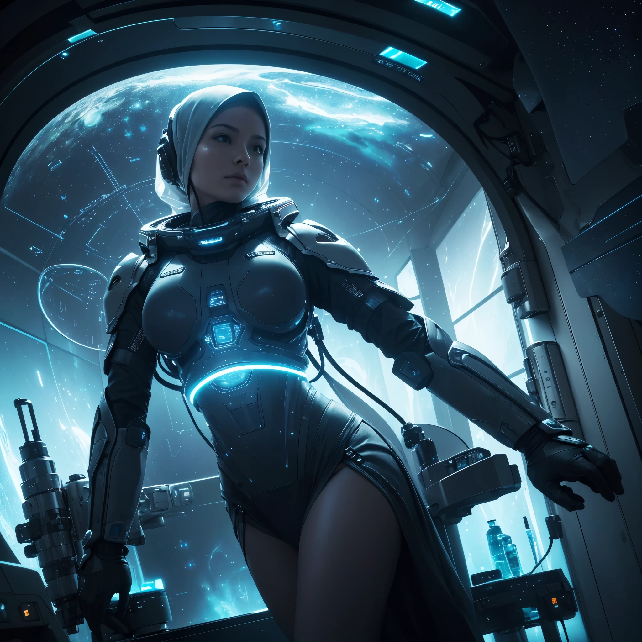 A busty woman, aged 40, from Malaysia, wearing a sexy space micro bikini with a hijab covering her hair, is looking out of a window on her spaceship. The window overlooks a blurred motion of the outside, indicating a high-speed interstellar journey. The woman's confident gaze and the expression on her face suggest a sense of adventure and excitement. The window is surrounded by blinking lights and high-tech gadgets, showcasing the advanced technology and futuristic aesthetic of the spaceship. The lights create a mesmerizing display, illuminating the woman's face and highlighting her intriguing presence. The space suit she wears sexy, small, sleek and form-fitting, emphasizing her curves and adding to the overall sensuality of the scene. The colors in the artwork are vibrant and dynamic, representing the vastness and beauty of the cosmos. Soft, ethereal blues and purples dominate the color palette, with occasional pops of bright and vivid colors. The lighting inside the spaceship is dim and atmospheric, casting dramatic shadows and enhancing the overall ambiance of the scene. The space ship itself is a marvel of engineering and design, with clean lines and futuristic shapes, seamlessly blending function and aesthetics. Overall, the prompt captures a compelling mix of sensuality and high-tech futurism, creating a visually stunning and captivating scene.