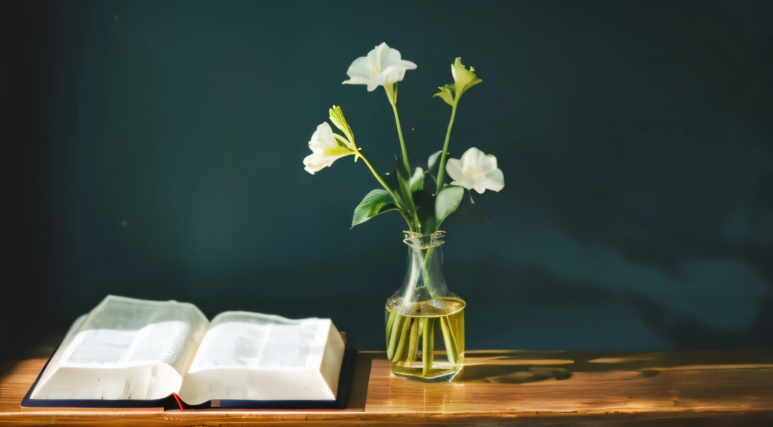 Study、machine、(((open bible)))、vase、Calm atmosphere、high resolution、