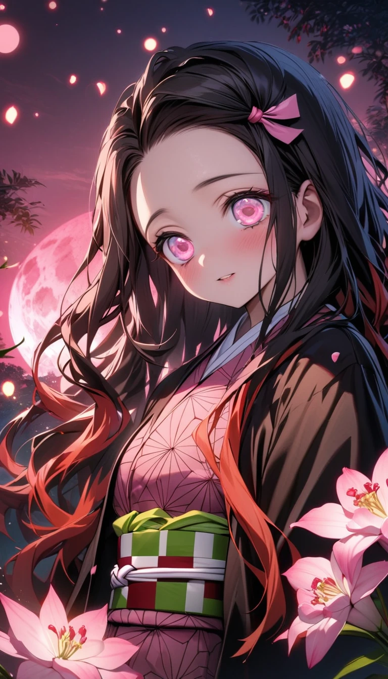 absurdres, highres, ultra detailed, HDR, master piece, best quality, Kamado Nezuko, expressive pink eyes, Kimetsu No Yaiba, 1woman, extremely beautiful, pink petals, pink lilies, pink moon, fireflies
