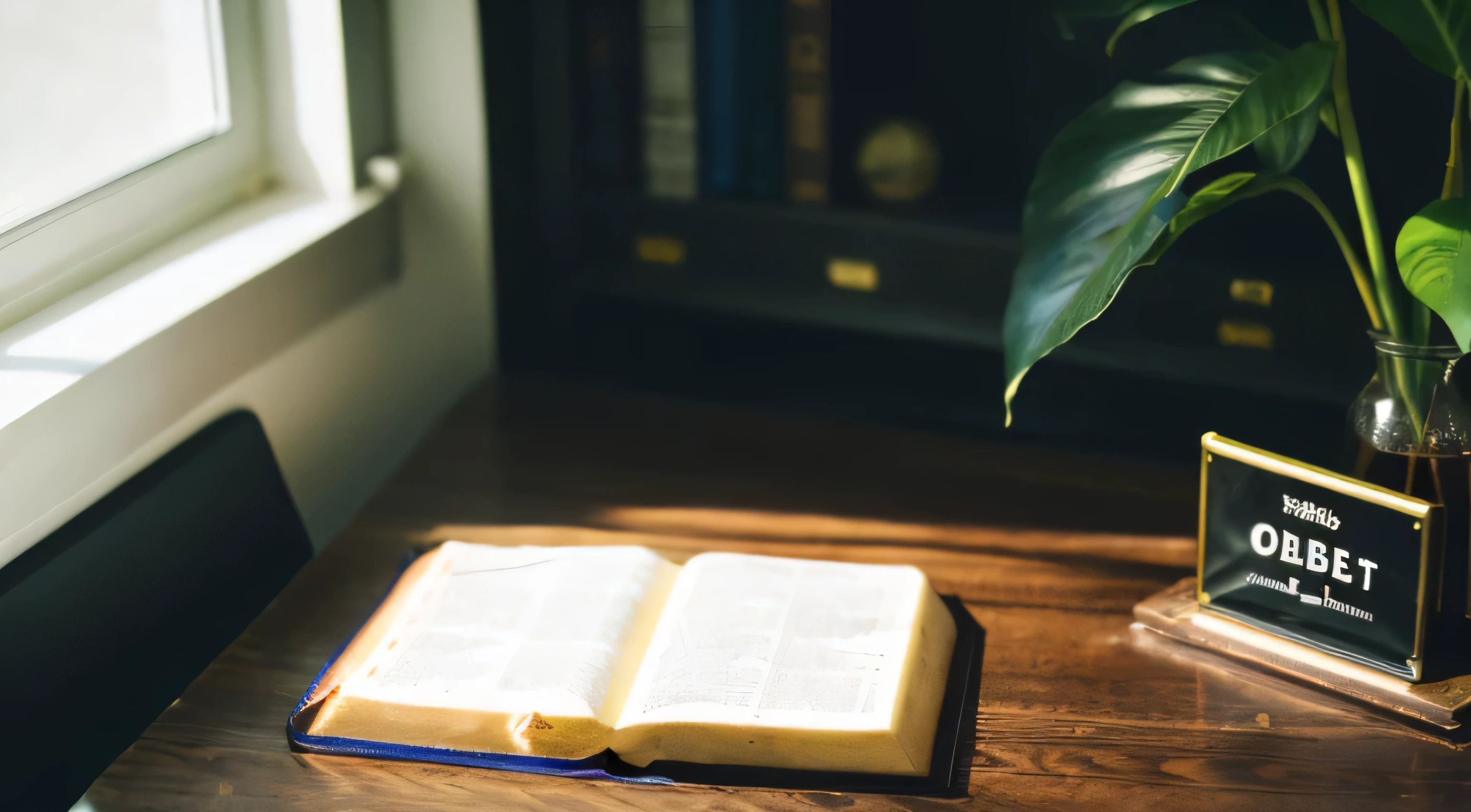 Study、machine、(((open bible)))、vase、Calm atmosphere、high resolution、