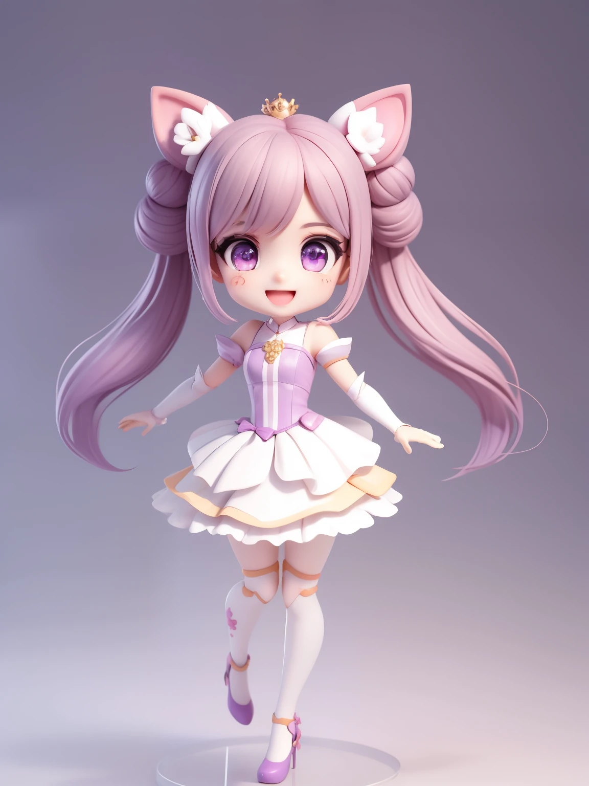 (Daisaku), (Extreme Quality), (Super Meticulous), (Full Body: 1.2), Bubble Mart Style, Chibi, Cute , Smile, Open Mouth, (Beautiful Delicate Face), (Beautiful and Delicate Eyes), puppy ears, dog ears, dog ears on head, purple eyes, hair buns, 2 hair buns, hair away from body, sharp focus, t-pose, (t-pose), (straight), (symmetrical), no blur, (sharp focus)