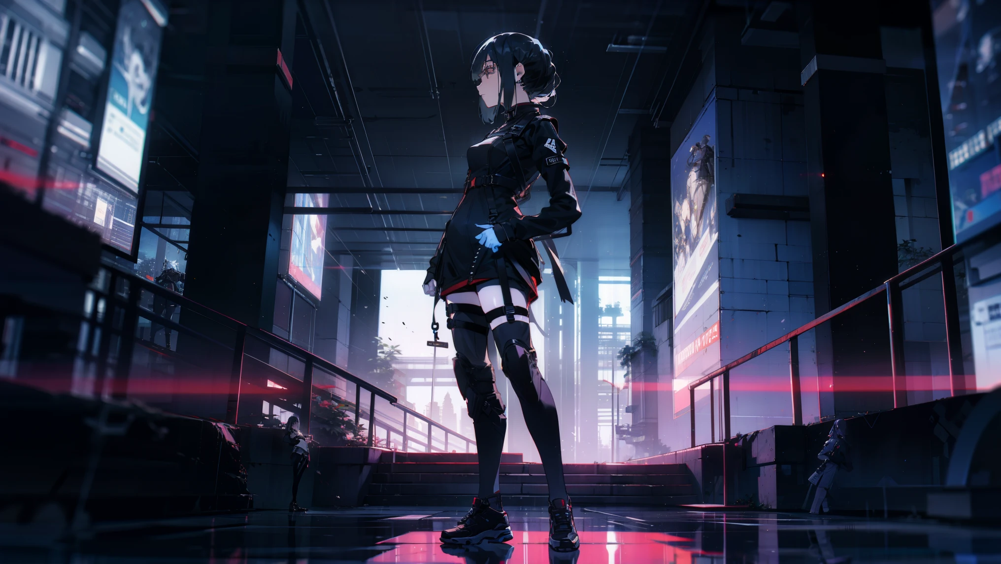 ((Woman:1)), wearing urban techwear, (UTRA-DETAILED-FACE-EYES:1),(CINEMATIC:1),(HIGH-RES:1.2),(AMAZING-ART:1),((ultra-wide-view:1)) in a liminal cyberpunk buildings on the side, night time,((fullbody:1)),((small breast:1))