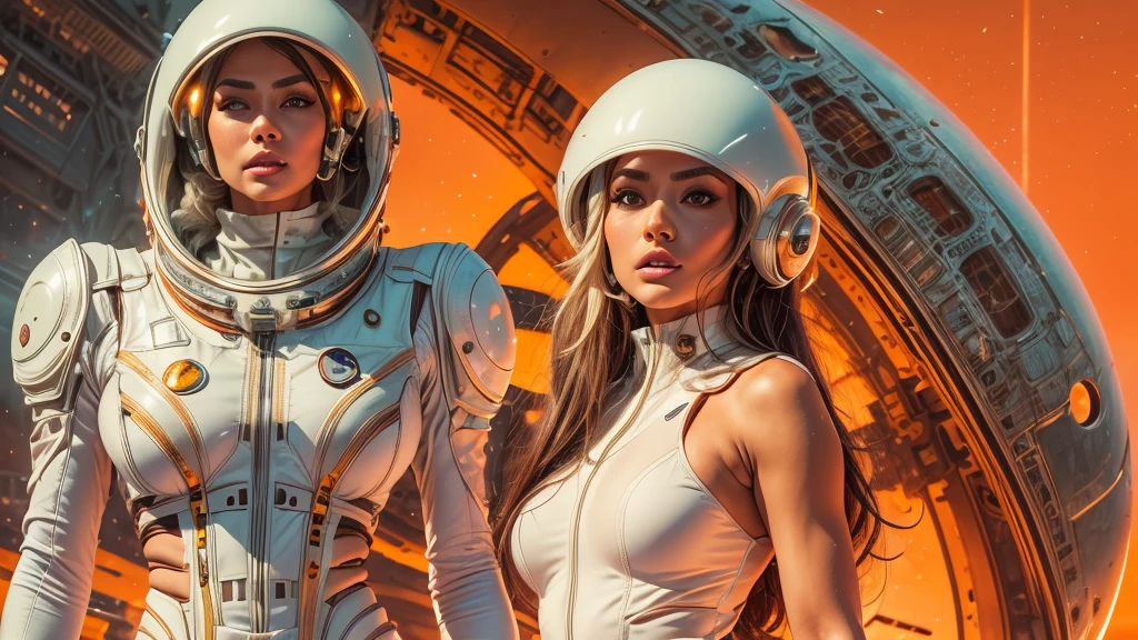 arafed image of a white woman in a futuristic suit with a spaceship in the background, movie art, in front of an orange background, inspired by Robert McGinnis, female protagonist, megastructure in the background, portrait of an ai astronaut, astronauts, an astronaut, portrait of a astronaut skeletor, perfect android girl, detailed eyes, perfectly detailed teeth, frank franzzeta and sakimichan