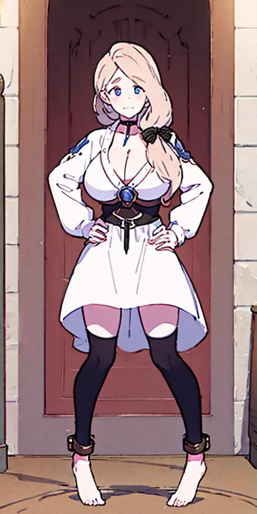 full body, barefoot, solo, female, big breast ,linen tunic, fantasy village, armor, Handcuffs on their hands, With a collar around the neck, hands on hips, slave, ((black choker, shackles on legs and arms))