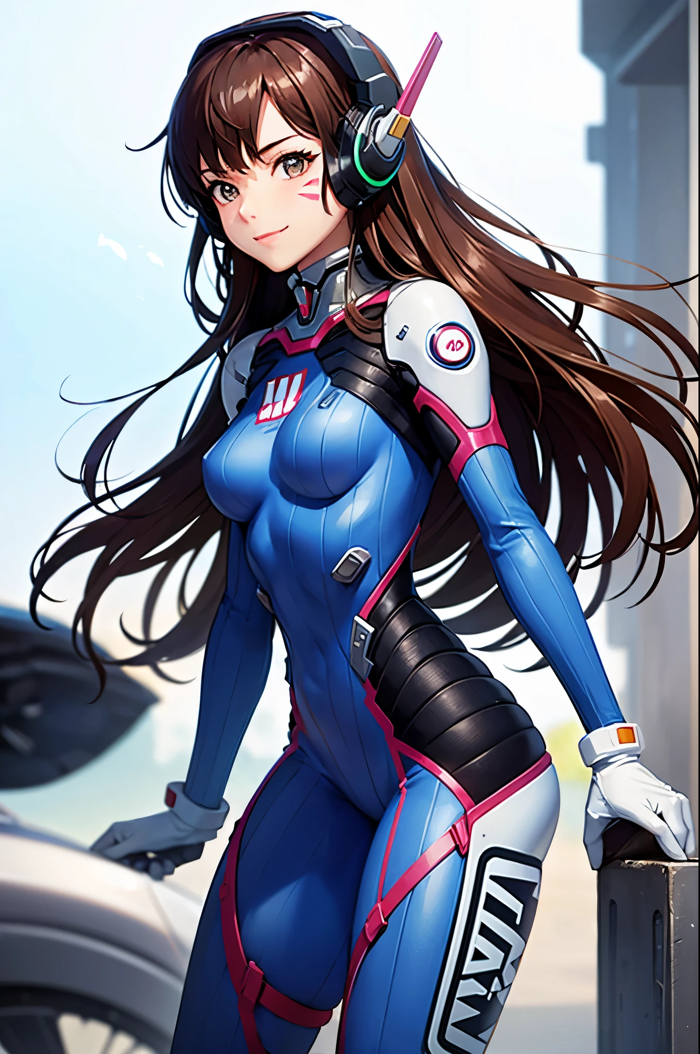 (masterpiece, best quality:1.2), expressive eyes, perfect face, highres, 1girl, solo, aahana, long hair, brown hair, headphones, whisker markings, shoulder pads, blue bodysuit, ribbed bodysuit, animal print, clothes writing, long sleeves, white gloves, smiling, standing, cowboy shot, looking at the viewer