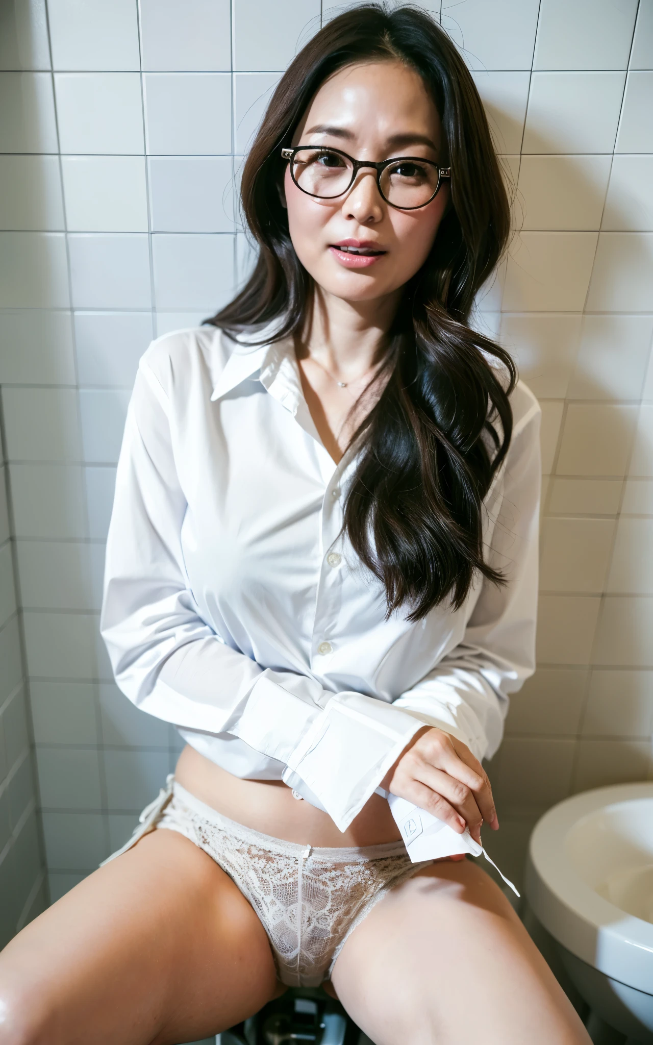 ((Best Quality, 8k, Masterpiece: 1.3)), Photorealistic, Sharp Focus, High Quality, High Definition, ((look down)), Portrait, Solo, Japanese Milf, Beauty, glasses, ((Show Panties:1.5)), 40 years old, Plump, Wavy hair, Wetty White Shirt, Wrinkles at the corners of the eyes, Toilet, Plumbing, Tile, ((Open legs Wide)), (open mouth:1.1),