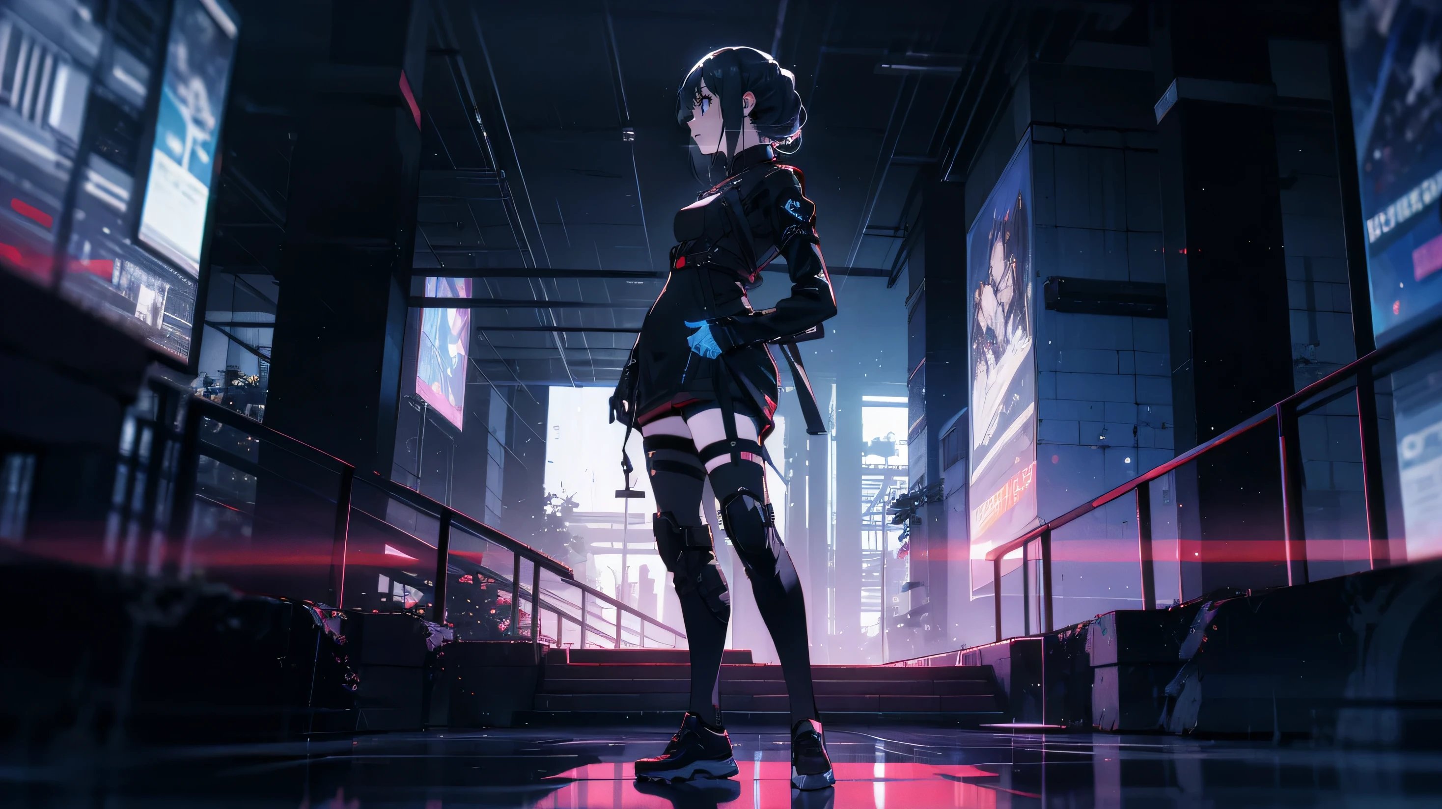 ((Woman:1)), wearing urban techwear, (UTRA-DETAILED-FACE-EYES:1),(CINEMATIC:1),(HIGH-RES:1.2),(AMAZING-ART:1),((ultra-wide-view:1)) in a liminal cyberpunk buildings on the side, night time,((fullbody:1)),((small breast:1))