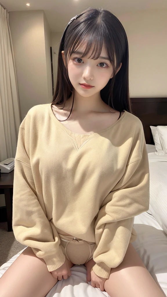 muste piece, best quality, illustration, Super detailed, fine details, High resolution, 8K,wall paper, perfect dynamic composition,(Details High quality, realistic depiction of eyes:1.3), (Fashionable、Beige oversized sweatshirt、long-sleeve), ponytail、Lying down, black hair color, Big Natural Color Lip, bold sexy pose, crying a little、cold gaze, Harajuku style、20 year old girl、cute type、lolita、beautiful legs, hotel room, hposing Gravure Idol