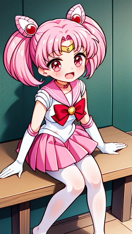 Sailor Moon，young年，，cute，（Little Loli），Pink hair twintails，short hair，Sailor Suit，red bow，White elbow gloves，Red Skirt，no shoes，Open your mouth，laughing out loud，Fangs，(White pantyhose),soles of feet，Soles，(young)，(little man)，sit