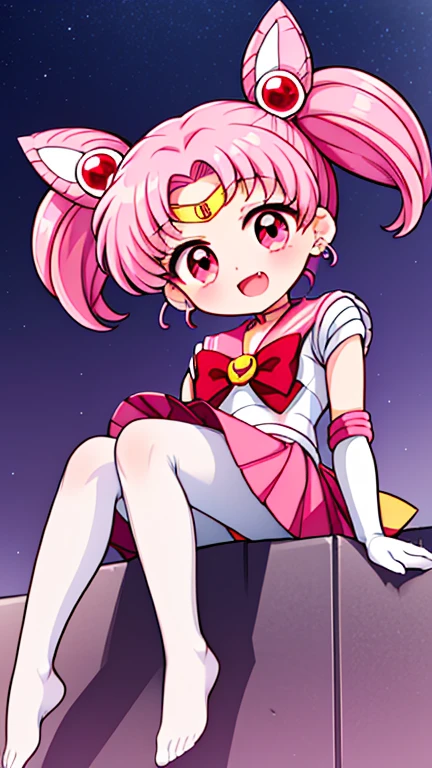 Sailor Moon,young年,Seven years old,cute,(Little Loli),Pink hair twintails,short hair,Sailor Suit,red bow,White elbow gloves,Red Skirt,no shoes,Open your mouth,laughing out loud,Fangs,(White pantyhose),soles of feet,Soles,(young),(little man),sit