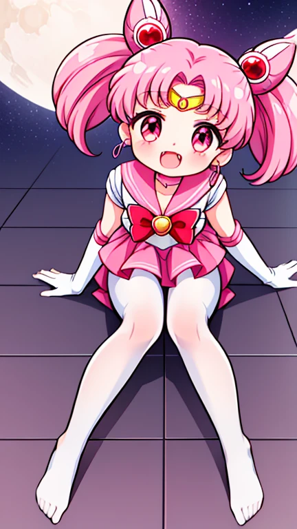 Sailor Moon，young年，Seven years old，cute，（Little ****），Pink hair twintails，short hair，Sailor Suit，red bow，White elbow gloves，Red Skirt，no shoes，Open your mouth，laughing out loud，Fangs，(White pantyhose),soles of feet，Soles，(young)，(little man)，sit