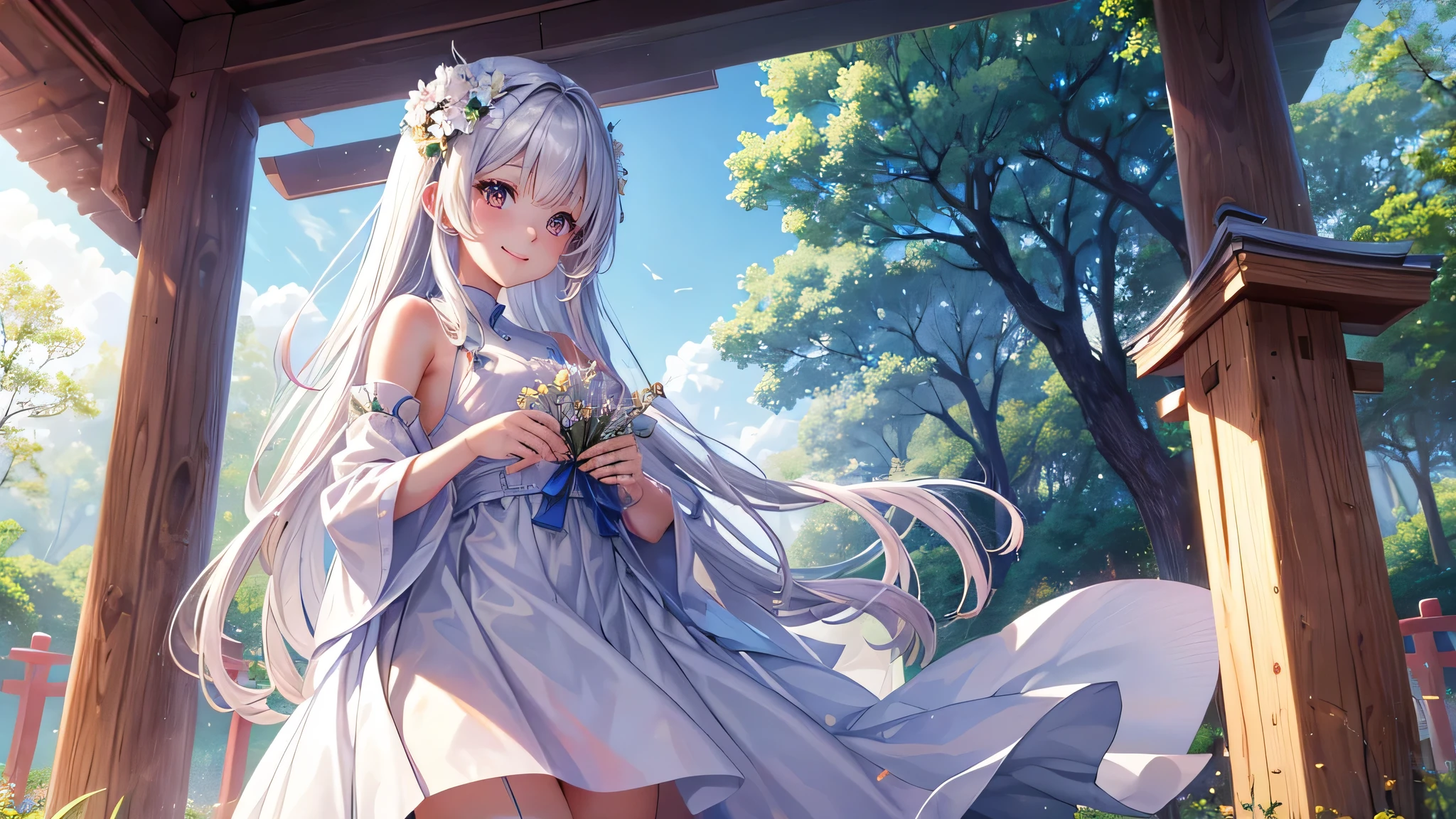 masterpiece、High-definition CG integrated 8K wallpaper、1female child、beautiful、Genuine、とっても可愛いfemale 、(female child)、Dark brown hair、Cowboy Shot、Bobcut、Long Hair、Violet eye、Brown Eye、smile、(Clear white skin))、branch、plum offlower、depth_of_Field、flower、gem、nose、Genuine、alone、uniform、White Dress、The shape of the nipple appears a little、Hide your fingers、Hide your arms、just wear a bra、shrine、torii、Sakura offlower petals. Inari、