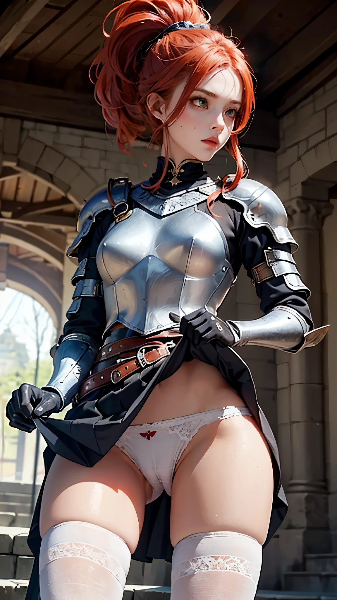(female warrior: 1.5), (redhead warrior girl: 1.3), 1 girl, solo, pretty girl, young girl, (red hair), (green eyes), thin girl, small breasts, pretty face, slim waist, thin legs , gap between thighs, (knight's armor), (steel breastplate, steel gauntlets, steel gloves: 1.1), (red mini skirt: 1.3), (skirt lifted by itself: 1.1), (skirt lift: 1.3), (showing white panties: 1.3), white panties, tiny panties, (cameltoe: 1.2), frontal, (cowboy shot), medieval fantasy, Dungeons and dragons, RPG character, best quality, (masterpiece), ultra-realistic, 8k, (At SFW:1.7)