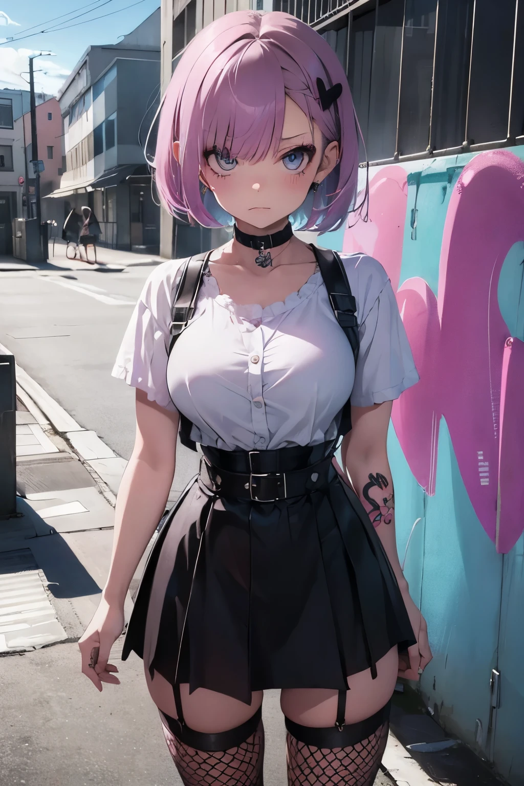 alt-girl, short hair, pastel colors, medium breasts, wide hips, bangs, annoyed face, skirt, emo, dark makeup, grunge style clothing, outdoor location with graffiti, busty, vaping, 23 years old, tattoos, seductive, fishnets, choker, annoyed expression, vape, pastel hair, suspenders