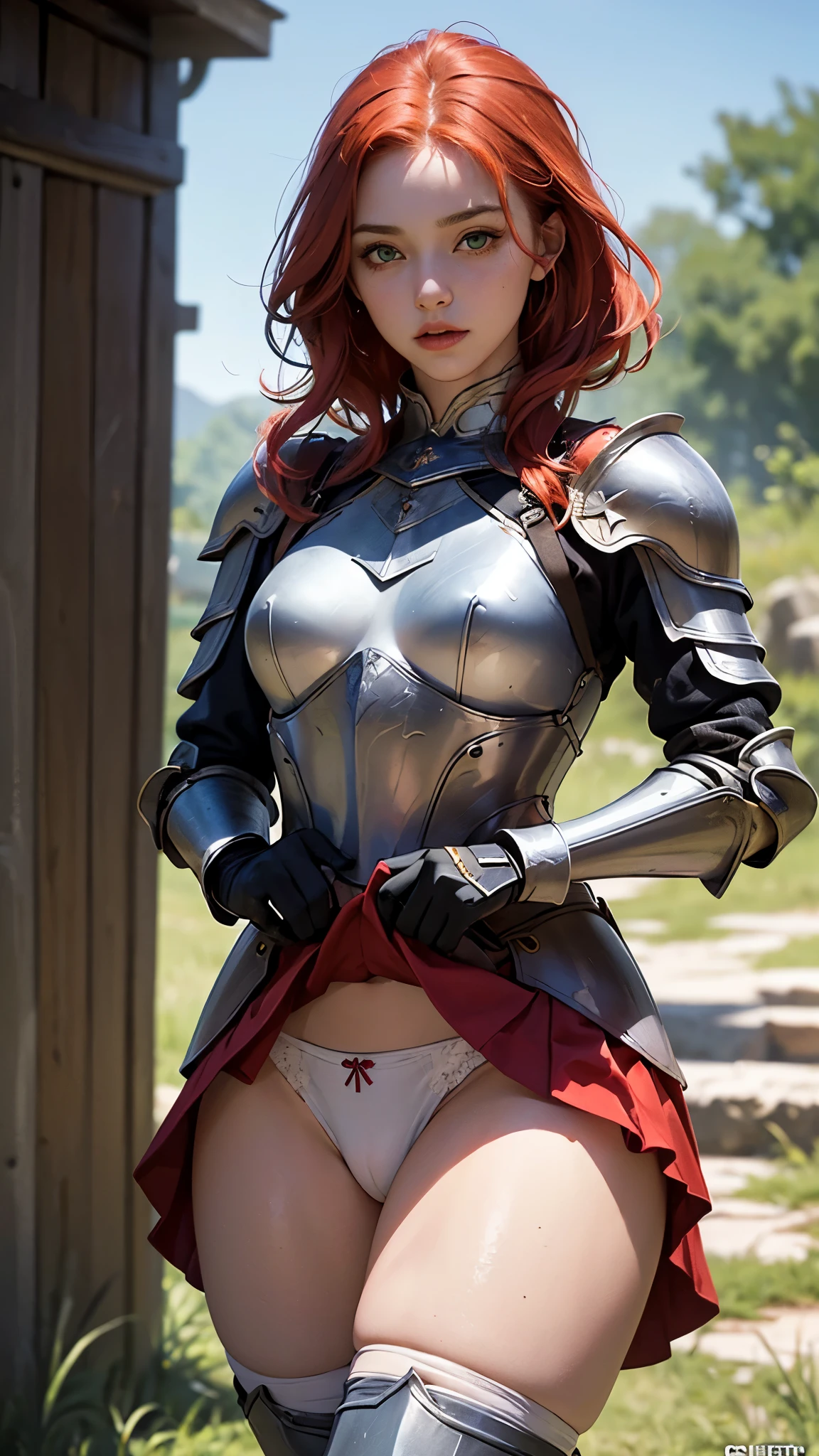 (female warrior: 1.5), (redhead warrior girl: 1.3), 1 girl, solo, pretty girl, young girl, (red hair), (green eyes), thin girl, small breasts, pretty face, slim waist, thin legs , gap between thighs, (knight's armor), (steel breastplate, steel gauntlets, steel gloves: 1.1), (red mini skirt: 1.3), (skirt lifted by itself: 1.1), (skirt lift: 1.3), (showing white panties: 1.3), white panties, tiny panties, (cameltoe: 1.2), frontal, (cowboy shot), medieval fantasy, Dungeons and dragons, RPG character, best quality, (masterpiece), ultra-realistic, 8k, (At SFW:1.7)