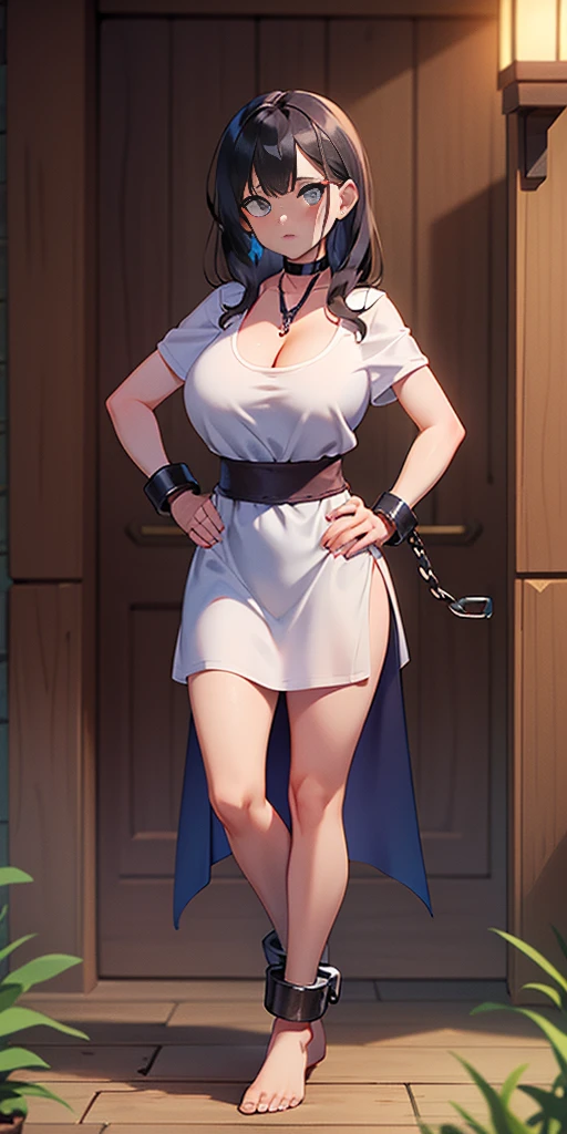 full body, barefoot, solo, female, big breast ,linen tunic, fantasy village, armor, Handcuffs on their hands, With a collar around the neck, hands on hips, slave, ((black choker, shackles on legs and arms))