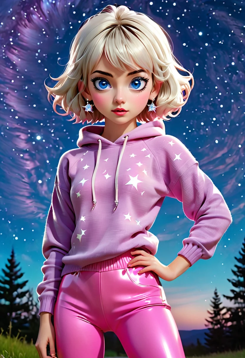 ((By the twisted slides)) ((under a starry night sky)) ((hands on hips)) ia a cute face girl with ((short hair)) (( short white))bangs ((big blue eyes)) wearing a pink sweater attached to the sweater ia a pink hood. Purple eyeshadow, long sliver diamond earings wearing long black leggings and white snickers