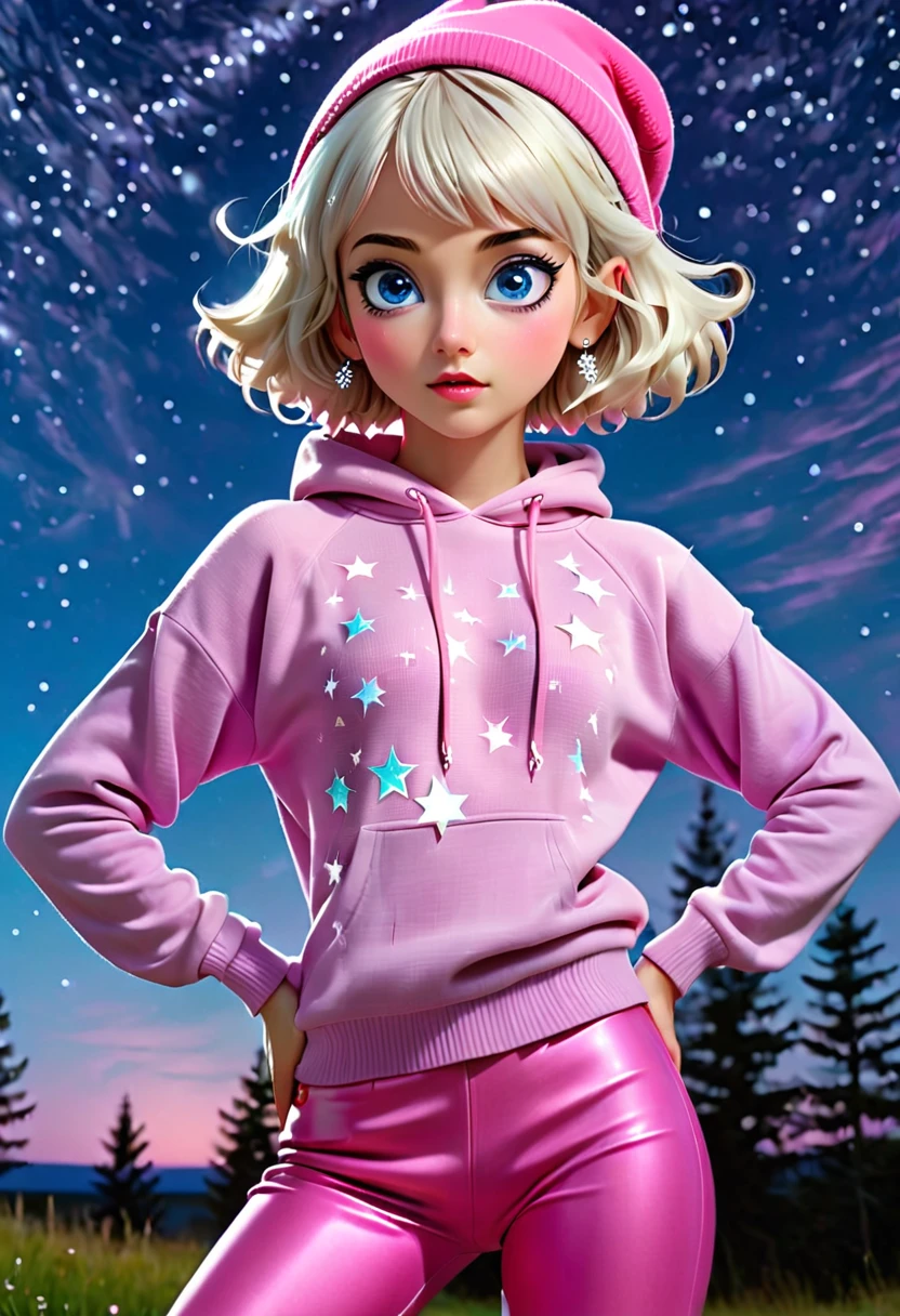 ((By the twisted slides)) ((under a starry night sky)) ((hands on hips)) ia a cute face girl with  ((short hair)) (( short white))bangs  ((big blue eyes)) wearing a pink sweater attached to the sweater ia a pink hood. Purple eyeshadow, long sliver diamond earings wearing long black leggings and white snickers