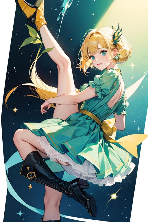 she is a light olive green with orange fins. she has blonde hair and eyelashes., she wears a blue dress and black high-heel boots. SPARKLE; GLITTER