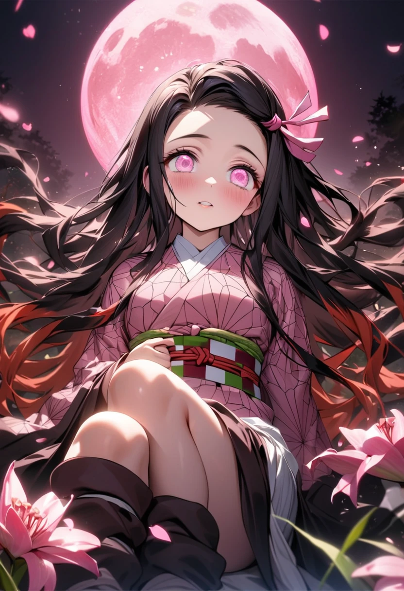 absurdres, highres, ultra detailed, HDR, master piece, best quality, Kamado Nezuko, expressive pink eyes, Kimetsu No Yaiba, 1woman, extremely beautiful, pink petals, pink lilies, pink moon, fireflies