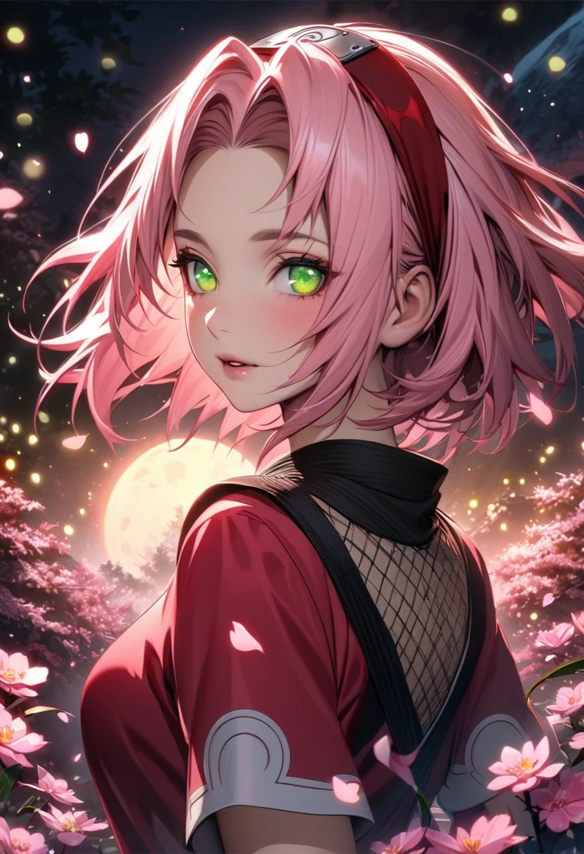 Ultra detailed, highres, absurdres, HDR, Haruno Sakura, pink short hair, green eyes, Naruto Shippuden, pink flowers, petals, fireflies, moon, 1 woman, extremely beautiful, very detailed face and eyes,