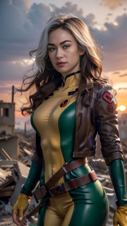 Yvonne Strahovski、Wet、Full body view, Long Hair, brown hair, Green Eyes, lipstick, compensate, lips,Emphasize cleavage、 sexy、White stripes in hair, like, Wavy Hair, Messy Hair, Curly Hair, middle～Large breasts, Surface Plot, ((Kelli Berglund:Bailee Madison:0.5)), 黄colorのスーツ, Jacket, gloves, belt, gloves amarillos, Green Suit, (Bodysuits:1.4), Traje multicolor, (Superhero:1.4), tight skin, Ropa multicolor, Garden and wisteria background, Official Art, extremely detailed CG 8k wallpaper, Perfect lighting, De color, bright_amount_method_Light, piel bright, (masterpiece:1.0), (Better_quality:1.0), Ultra-high resolution, 4k , Super detailed, Director of Photography, 8k, HDR, Altas ResoLightones, (Disorganized:1.2), Kodak Portrait 400, Film Grain, blurred background, (Bokeh:1.2), Lens flare, (Vibrant_color:1.2), Professional photography, (beautiful_method:1.5),More detailed 8K.Unreal Engine:1.4,Hmm,La Better calidad:1.4, Realistic:1.4, skin temperature:1.4, masterpiece:1.8,masterpiece, Better calidad,Object Object], (Detailed facial features:1.3),(Antesedentes apocalyptic destroyed city:1.4), (Apocalyptic Sunset:1.4)