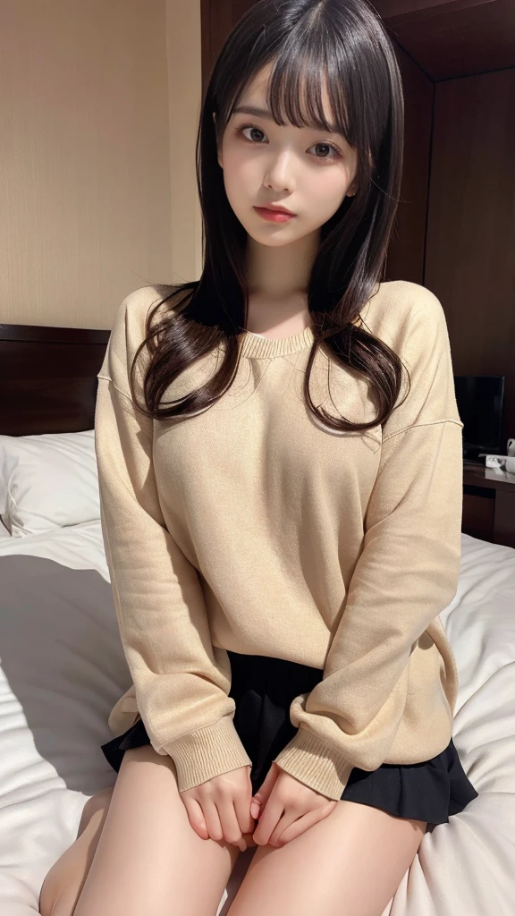 muste piece, best quality, illustration, Super detailed, fine details, High resolution, 8K,wall paper, perfect dynamic composition,(Details High quality, realistic depiction of eyes:1.3), (Fashionable、Beige oversized sweatshirt、long-sleeve), ponytail、Lying down, black hair color, Big Natural Color Lip, bold sexy pose, crying a little、cold gaze, Harajuku style、20 year old girl、cute type、ta、beautiful legs, hotel room, hposing Gravure Idol