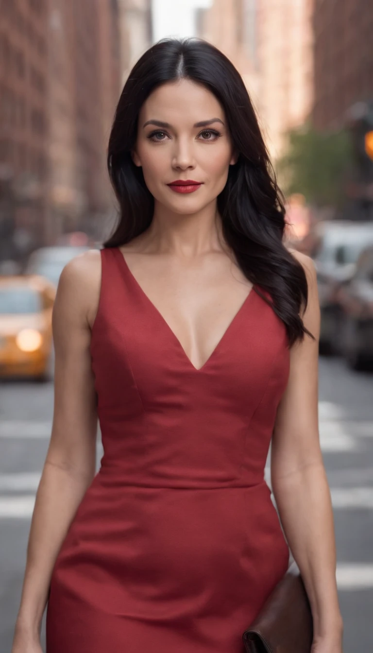 Woman with black hair, 40 years old, defined features, ultra-realistic, red dress, in New York 