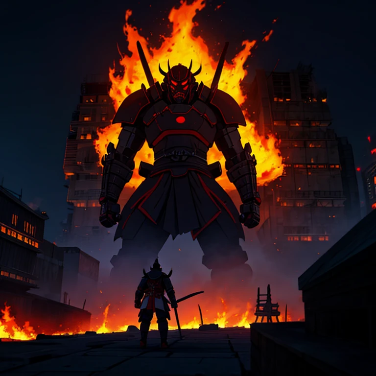 Giant mech, evil samurai, oni mask, full background, night, burning city.
